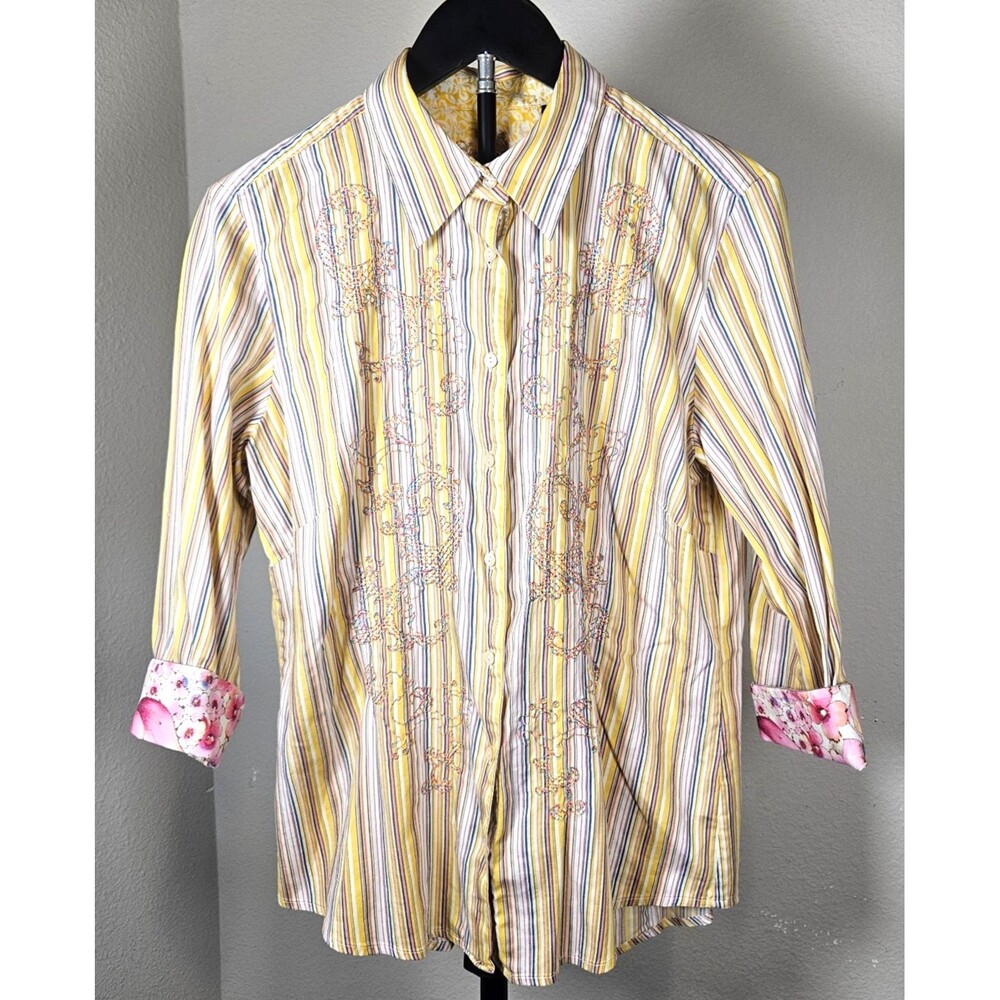 Robert‎ Graham Women’s L Stripe Embroidered Button Up Shirt Floral Cuff Career